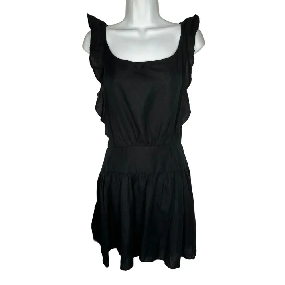 Free People Erin Ruffle Backless With Bow Tie Detail Mini Dress XS Black Cotton
